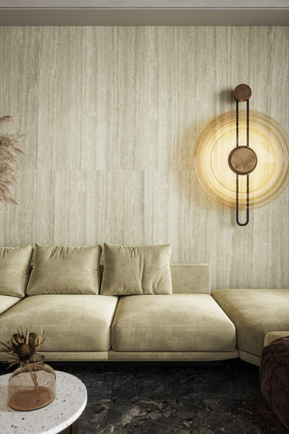 Beige sectional sofa in a living room with a wall-mounted light fixture. Modern bathroom and living with 600x1200 Travertine look tile walls and floors. Melbourne, Geelong, Shepparton, Ballarat, Bendigo, Mornington, Bellarine, Peninsula tiles. Victoria and Nationwide Delivery. Australia.