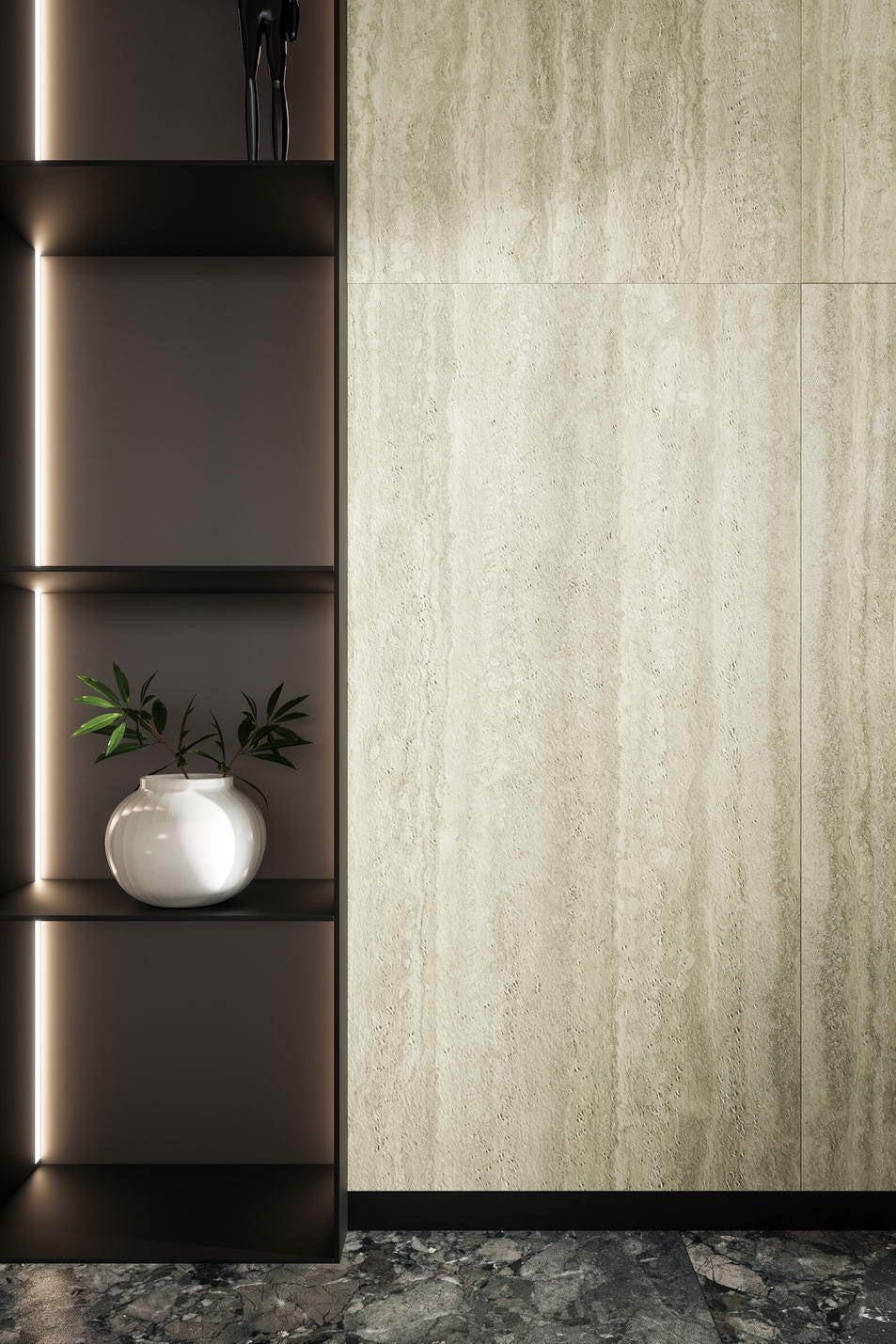 Modern interior design with a shelf and decorative items against a textured wall. Modern bathroom and living with 600x1200 Travertine look tile walls and floors. Melbourne, Geelong, Shepparton, Ballarat, Bendigo, Mornington, Bellarine, Peninsula tiles. Victoria and Nationwide Delivery. Australia.