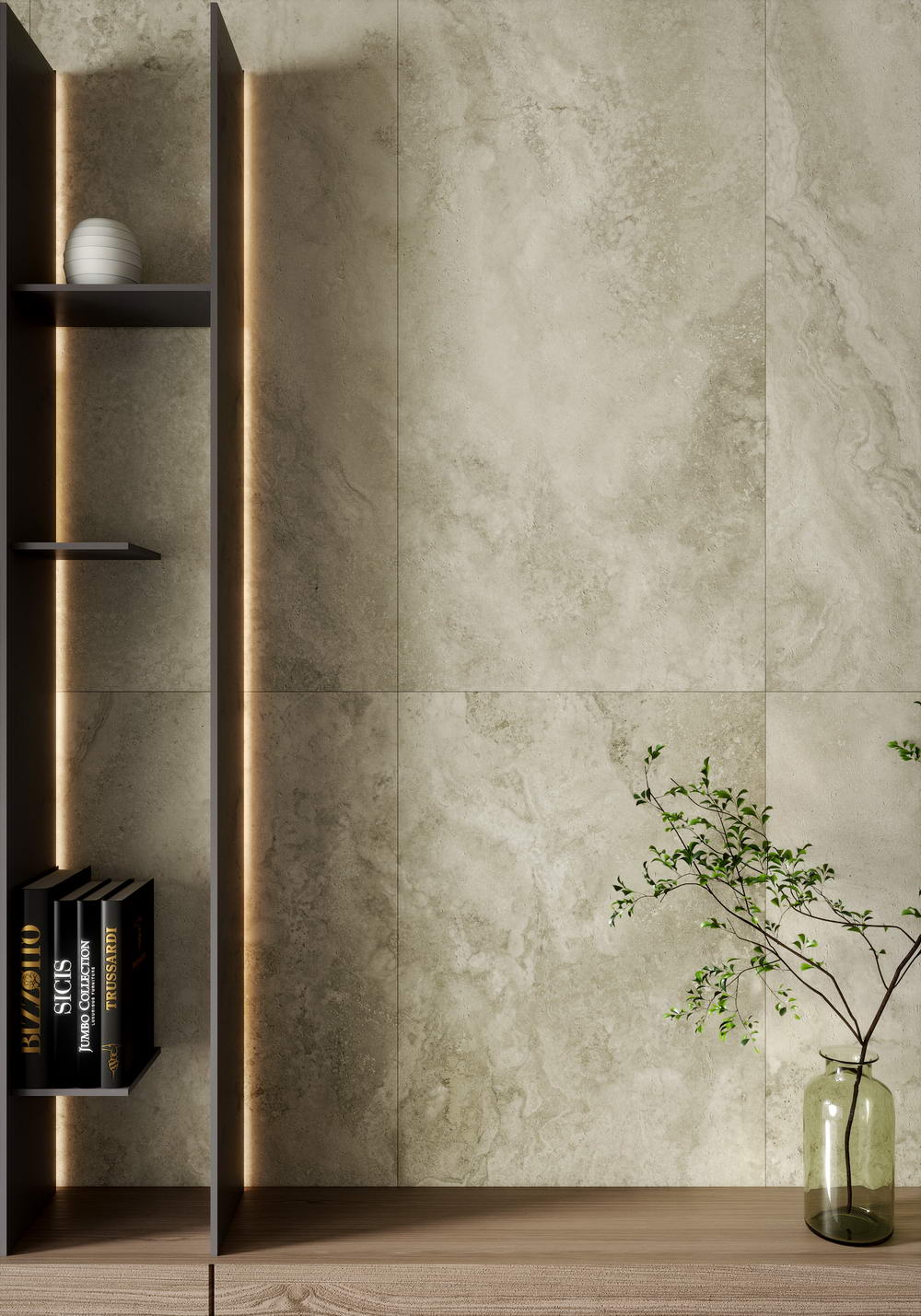 Modern bathroom and living with 600x600 Travertine look tile walls and floors. Melbourne, Geelong, Shepparton, Ballarat, Bendigo, Mornington, Bellarine, Peninsula tiles. Victoria and Nationwide Delivery. Australia.