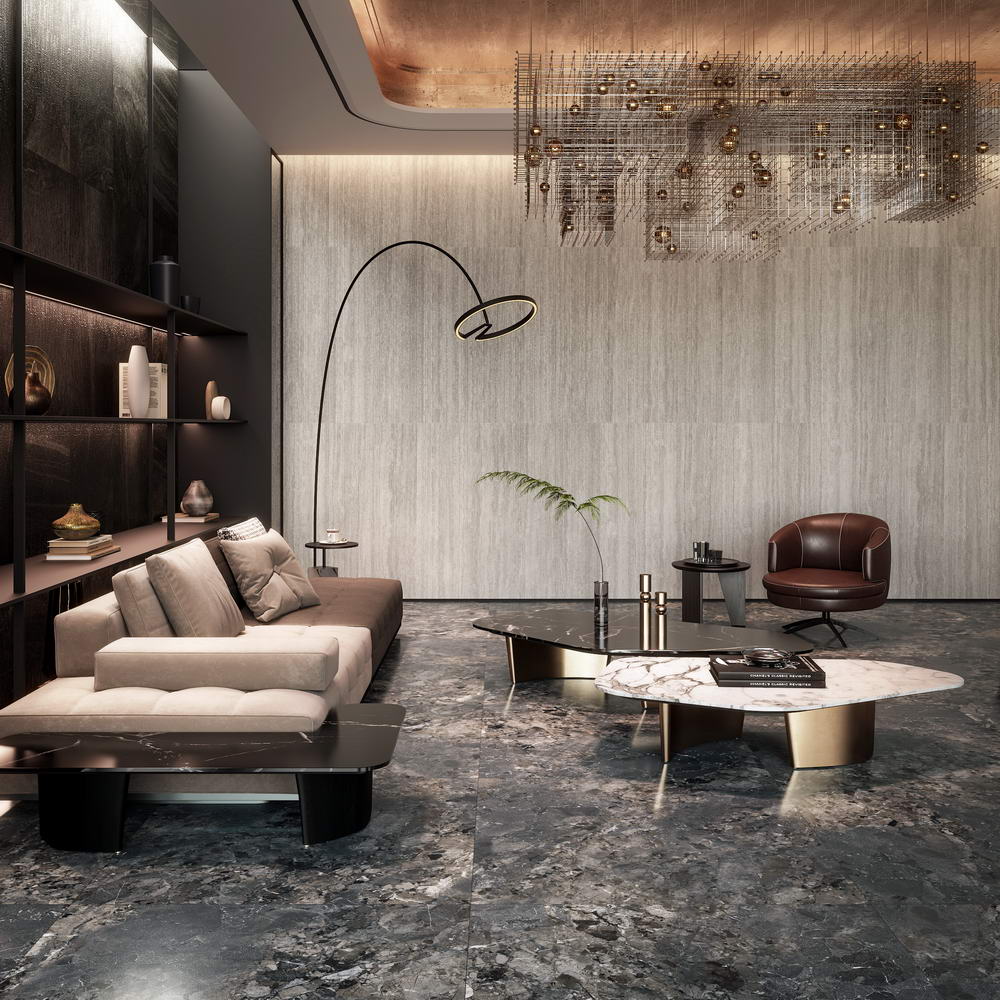 Modern living room with a stylish sofa, coffee table, and decorative elements. Modern bathroom and living with 600x1200 Travertine look tile walls and floors. Melbourne, Geelong, Shepparton, Ballarat, Bendigo, Mornington, Bellarine, Peninsula tiles. Victoria and Nationwide Delivery. Australia.