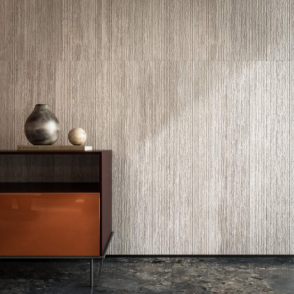 Wallpaper with a textured pattern in neutral tones, featuring a wooden cabinet and decorative items. Modern bathroom and living with 600x1200 Travertine look tile walls and floors. Melbourne, Geelong, Shepparton, Ballarat, Bendigo, Mornington, Bellarine, Peninsula tiles. Victoria and Nationwide Delivery. Australia.