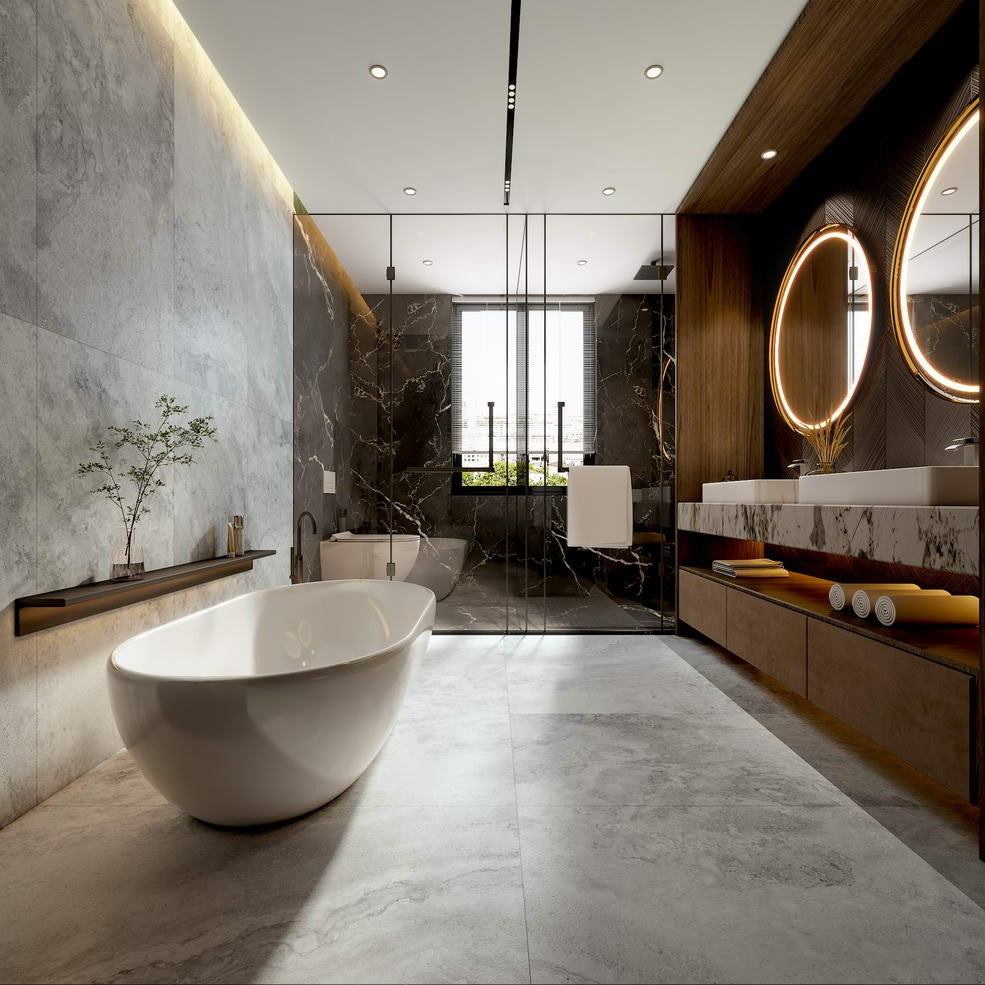 Modern bathroom with a freestanding bathtub, vanity, and large mirrors. Modern bathroom and living with 600x600 Travertine look tile walls and floors. Melbourne, Geelong, Shepparton, Ballarat, Bendigo, Mornington, Bellarine, Peninsula tiles. Victoria and Nationwide Delivery. Australia.