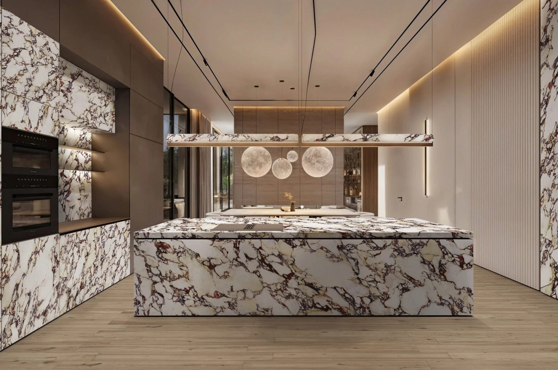 Modern bathroom and living with 600x600 Calacatta Viola Marble Look tile walls and floors. Melbourne, Geelong, Shepparton, Ballarat, Bendigo, Mornington, Bellarine, Peninsula tiles. Victoria and Nationwide Delivery. Australia.