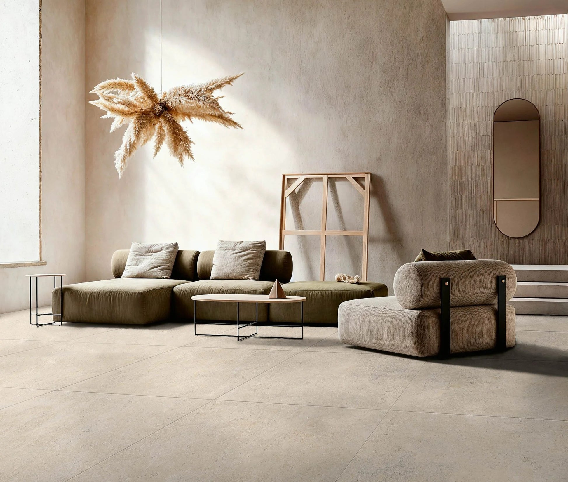 Modern bathroom and living with 600x600 Heritage stone look tile walls and floors. Melbourne, Geelong, Shepparton, Ballarat, Bendigo, Mornington, Bellarine, Peninsula tiles. Victoria and Nationwide Delivery. Australia.