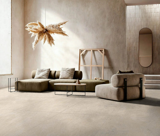 Modern bathroom and living with 600x600 Heritage stone look tile walls and floors. Melbourne, Geelong, Shepparton, Ballarat, Bendigo, Mornington, Bellarine, Peninsula tiles. Victoria and Nationwide Delivery. Australia.