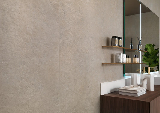 Modern bathroom and living with 600x600 Heritage stone look tile walls and floors. Melbourne, Geelong, Shepparton, Ballarat, Bendigo, Mornington, Bellarine, Peninsula tiles. Victoria and Nationwide Delivery. Australia.