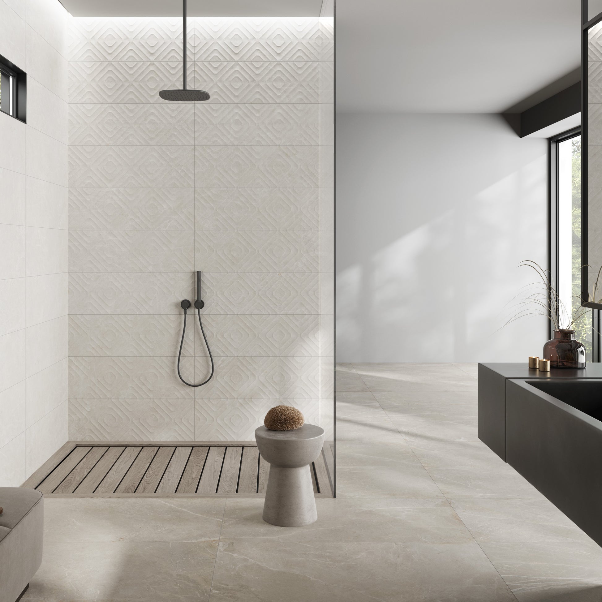 Modern bathroom with tiled walls, a shower area, and a sink. Modern bathroom and living with 600x600 Palermo Marble Stone Look tile walls and floors. Melbourne, Geelong, Shepparton, Ballarat, Bendigo, Mornington, Bellarine, Peninsula tiles. Victoria and Nationwide Delivery. Australia.