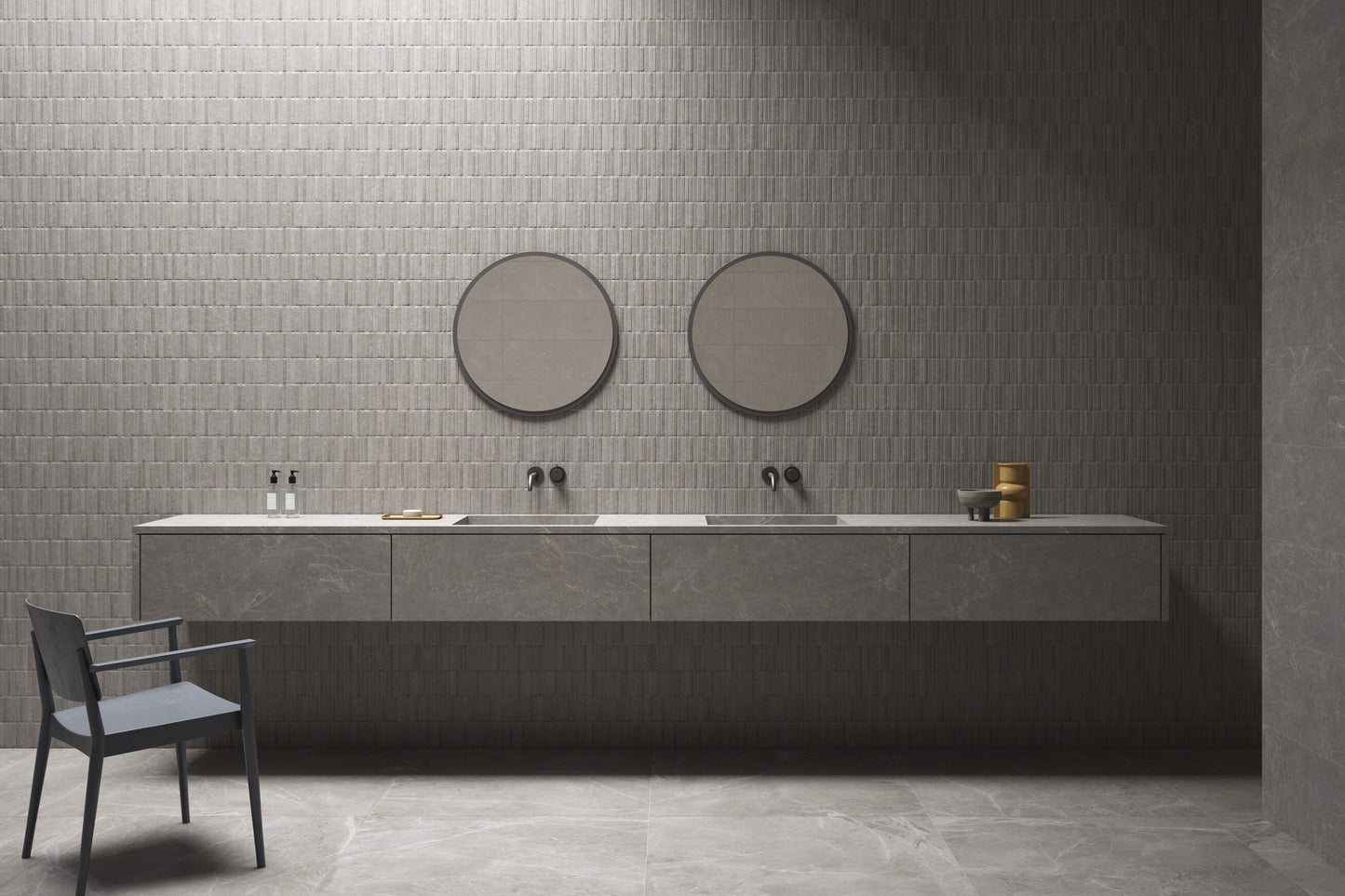 Modern bathroom with a long vanity, two round mirrors, and a chair. Modern bathroom and living with 600x600 Palermo Marble Stone Look tile walls and floors. Melbourne, Geelong, Shepparton, Ballarat, Bendigo, Mornington, Bellarine, Peninsula tiles. Victoria and Nationwide Delivery. Australia.