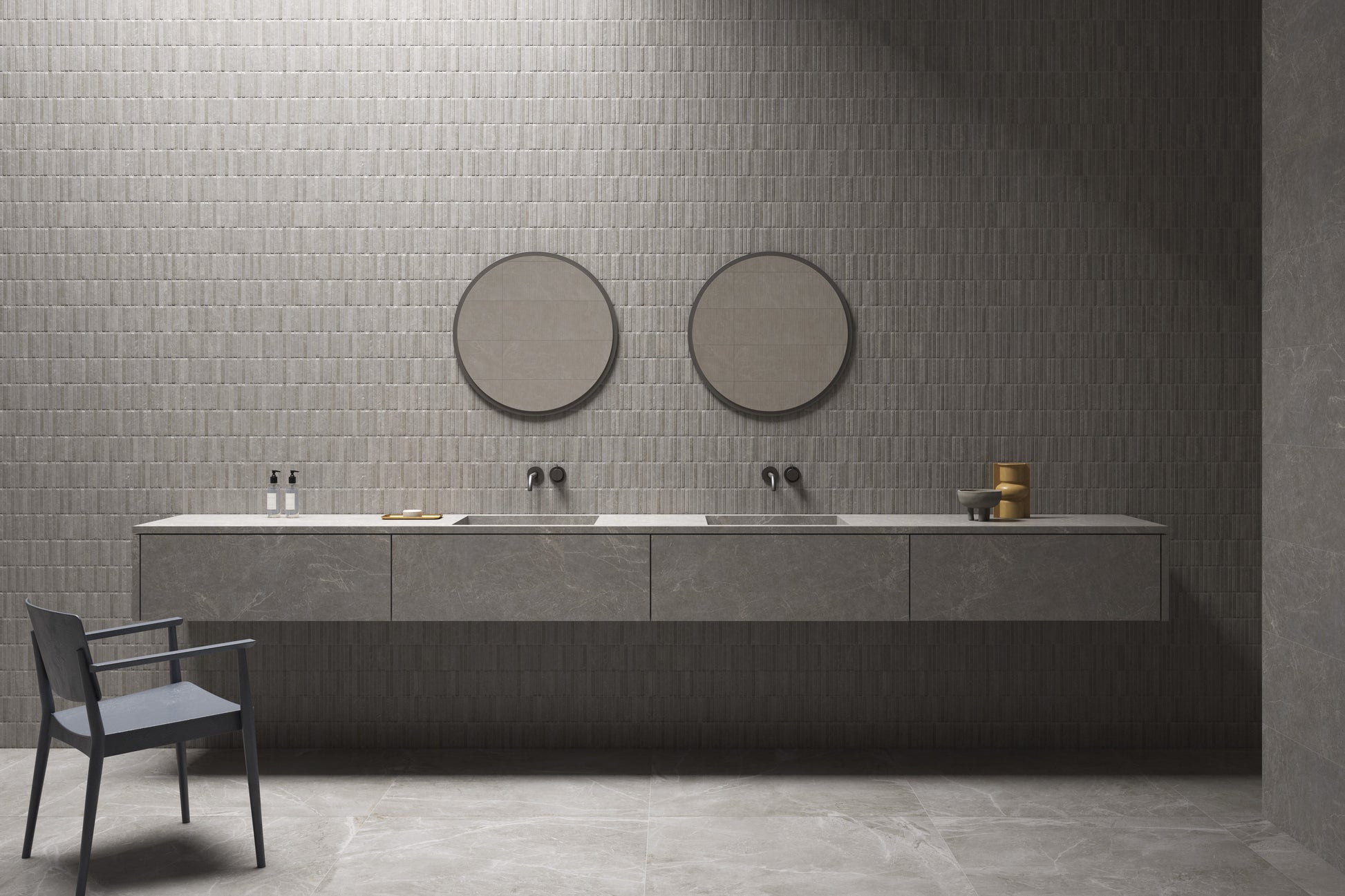 Modern bathroom with a long vanity, two round mirrors, and a chair. Modern bathroom and living with 600x600 Palermo Marble Stone Look tile walls and floors. Melbourne, Geelong, Shepparton, Ballarat, Bendigo, Mornington, Bellarine, Peninsula tiles. Victoria and Nationwide Delivery. Australia.