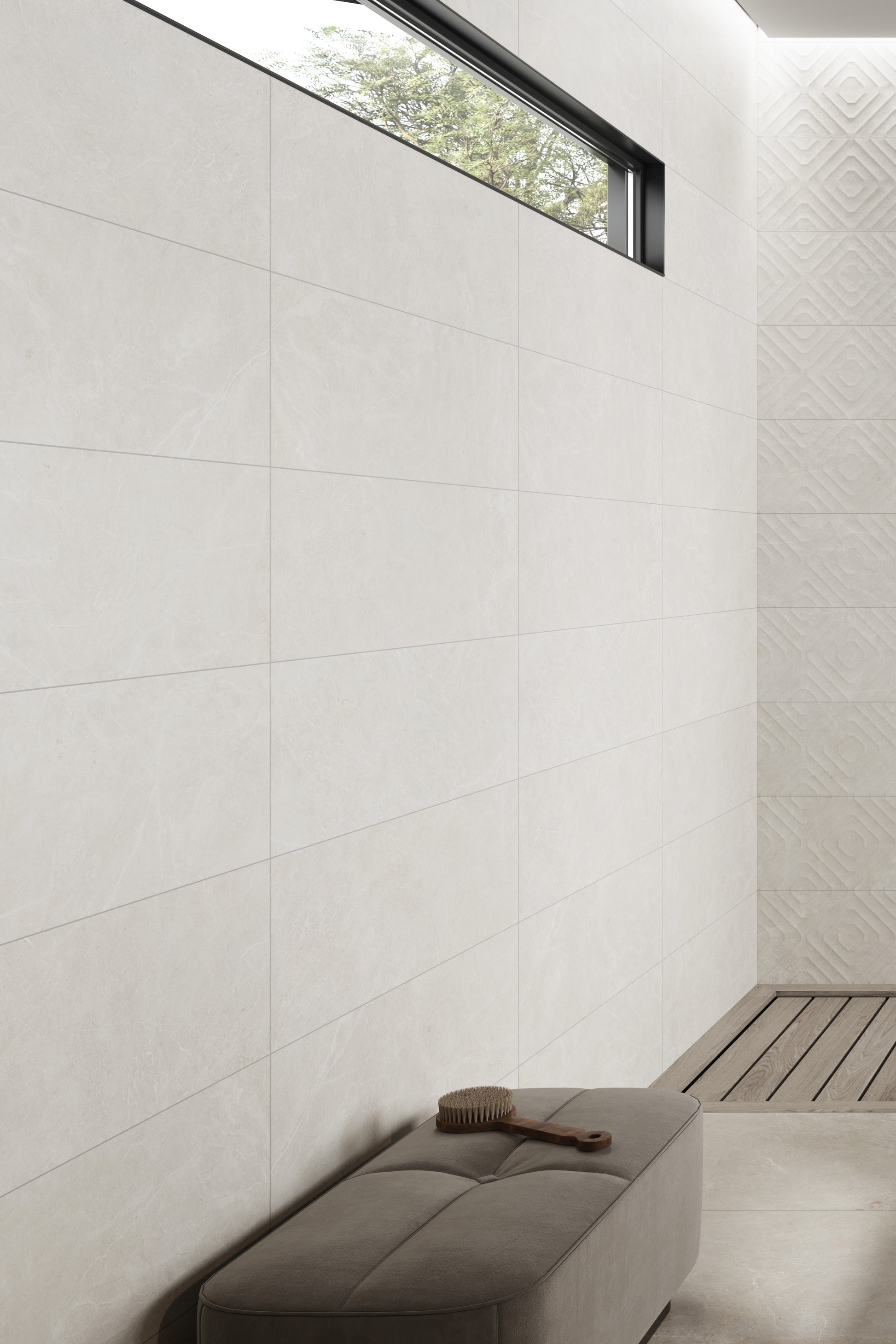Modern bathroom with white tiled walls and a wooden bench. Modern bathroom and living with 600x600 Palermo Marble Stone Look tile walls and floors. Melbourne, Geelong, Shepparton, Ballarat, Bendigo, Mornington, Bellarine, Peninsula tiles. Victoria and Nationwide Delivery. Australia.