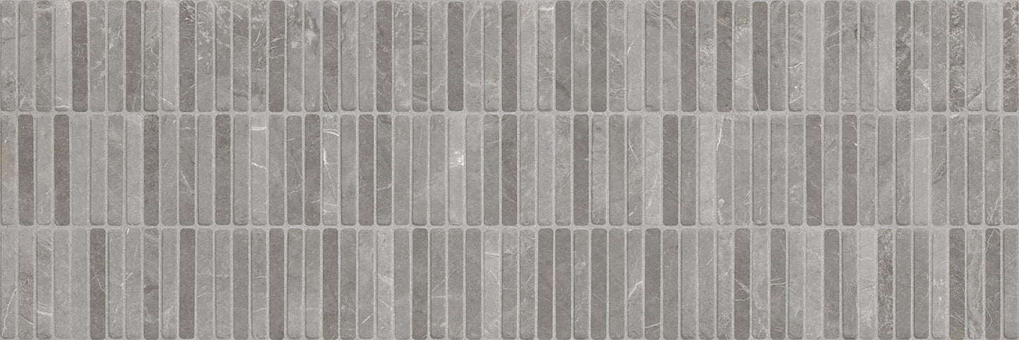 Rectangular tiles with a gray and brown striped pattern. Modern bathroom and living with 300x900 Palermo Tessere Marble Stone Look tile walls and floors. Melbourne, Geelong, Shepparton, Ballarat, Bendigo, Mornington, Bellarine, Peninsula tiles. Victoria and Nationwide Delivery. Australia.