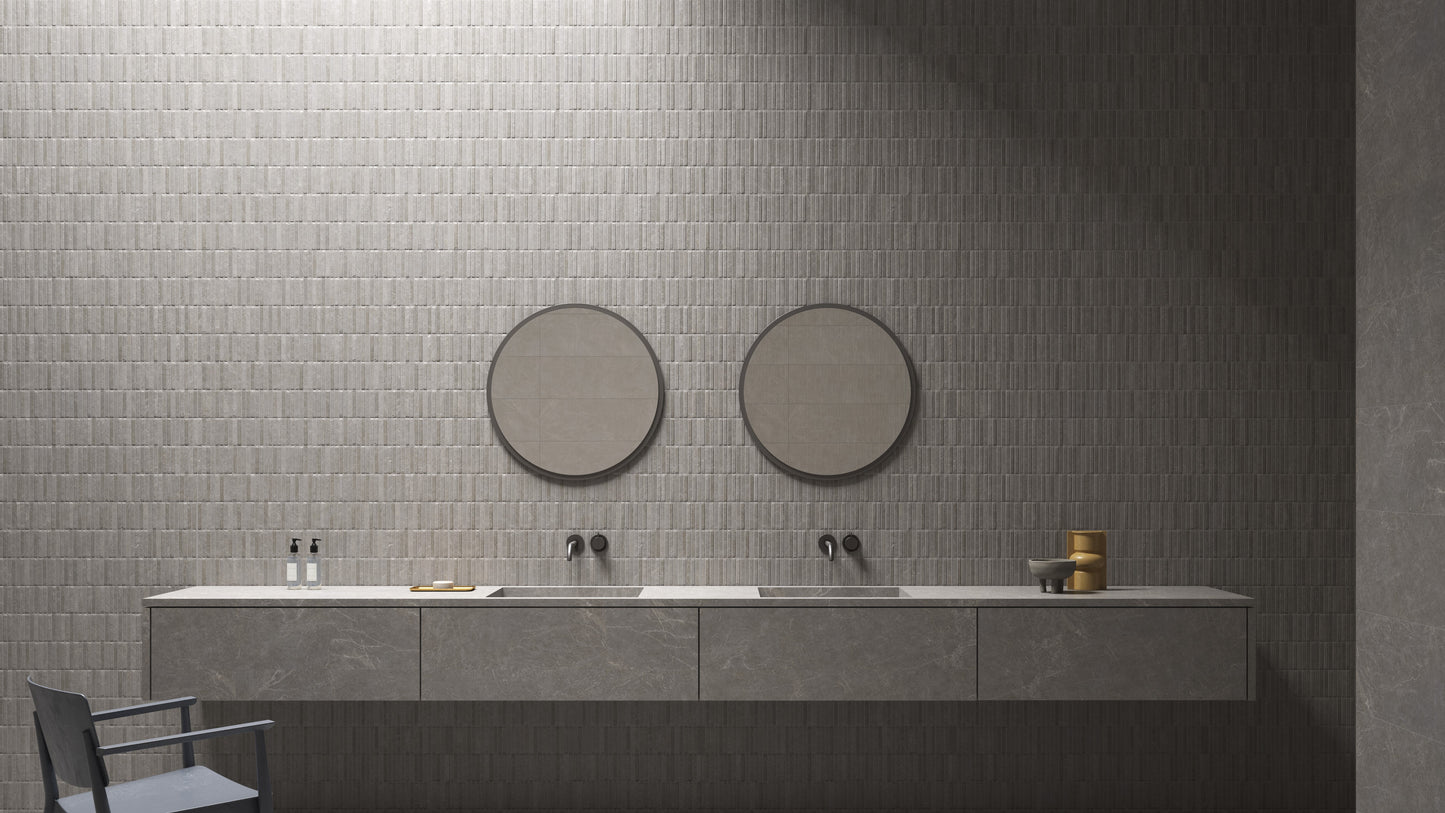 Bathroom with two round mirrors on a tiled wall. Modern bathroom and living with 300x900 Palermo Tessere Marble Stone Look tile walls and floors. Melbourne, Geelong, Shepparton, Ballarat, Bendigo, Mornington, Bellarine, Peninsula tiles. Victoria and Nationwide Delivery. Australia.