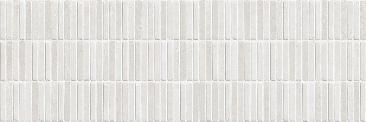 White wooden panel with horizontal slats. Modern bathroom and living with 300x900 Palermo Tessere Marble Stone Look tile walls and floors. Melbourne, Geelong, Shepparton, Ballarat, Bendigo, Mornington, Bellarine, Peninsula tiles. Victoria and Nationwide Delivery. Australia.