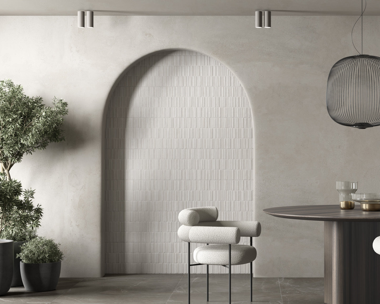 Modern interior with a curved wall, chair, and table. Modern bathroom and living with 300x900 Palermo Tessere Marble Stone Look tile walls and floors. Melbourne, Geelong, Shepparton, Ballarat, Bendigo, Mornington, Bellarine, Peninsula tiles. Victoria and Nationwide Delivery. Australia.