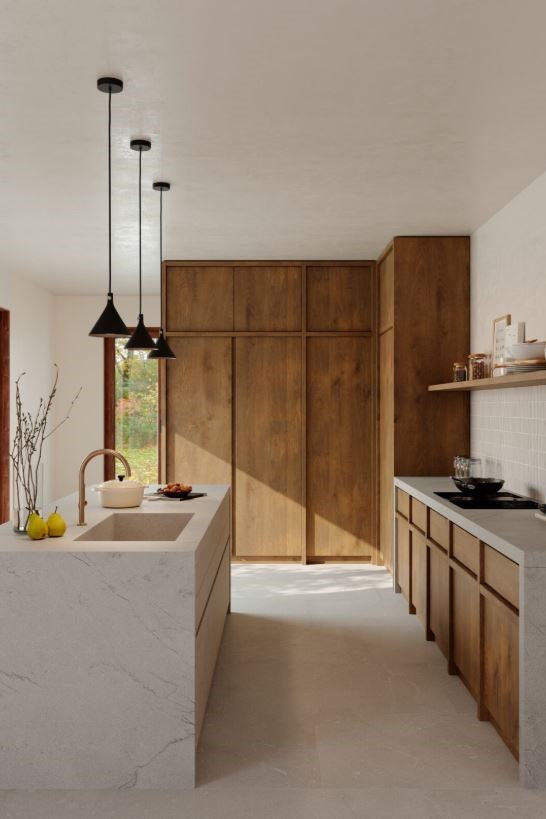 Modern kitchen with wooden cabinets and marble countertops. Modern bathroom and living with 600x600 Pietra Di Sicilia Stone Look Matt Tiles by Marazzi. Melbourne, Geelong, Shepparton, Ballarat, Bendigo, Mornington, Bellarine, Peninsula, Melton, Lara, Sunbury, Warrnambool, Horsham tiles. Victoria and Nationwide Delivery. Australia.